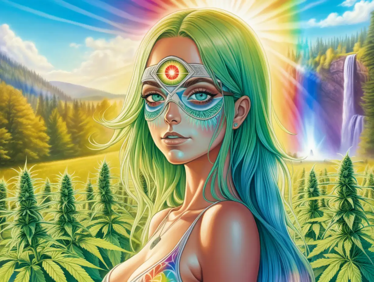 Sexy Woman with the 3rd all seeing eye, standing in a field of cannabis with a bright sunshine, rainbow and waterfall in the back 