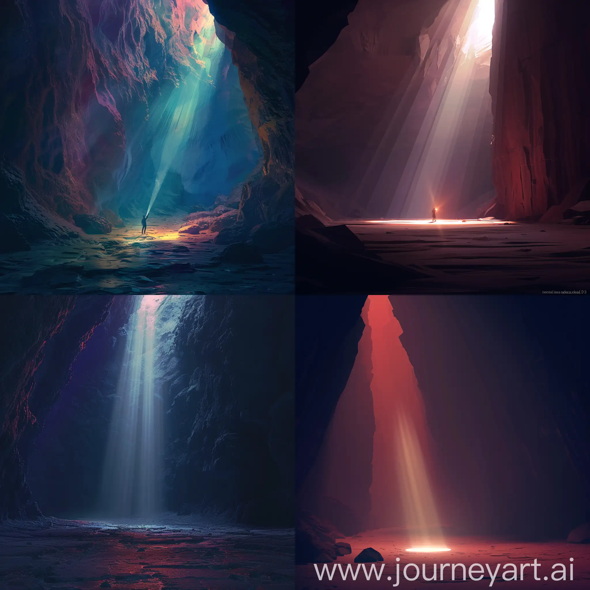 flat style art,Flashlight in a huge, dark, empty cave, salvation.microbeam light, dark tone,colorful, deep light portrayal 3d rendering , in the style of Clémence Guillemaud