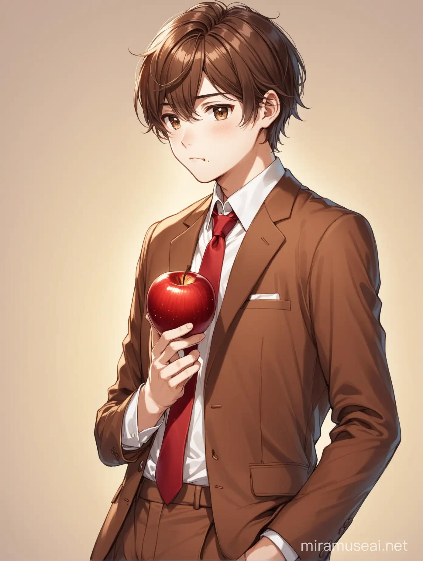 A handsome teenager with brown hair, brown eyes, and a sleepy look. He wears a white shirt, red tie, brown suit, brown pants, and brown shoes. He is eating a red apple.
