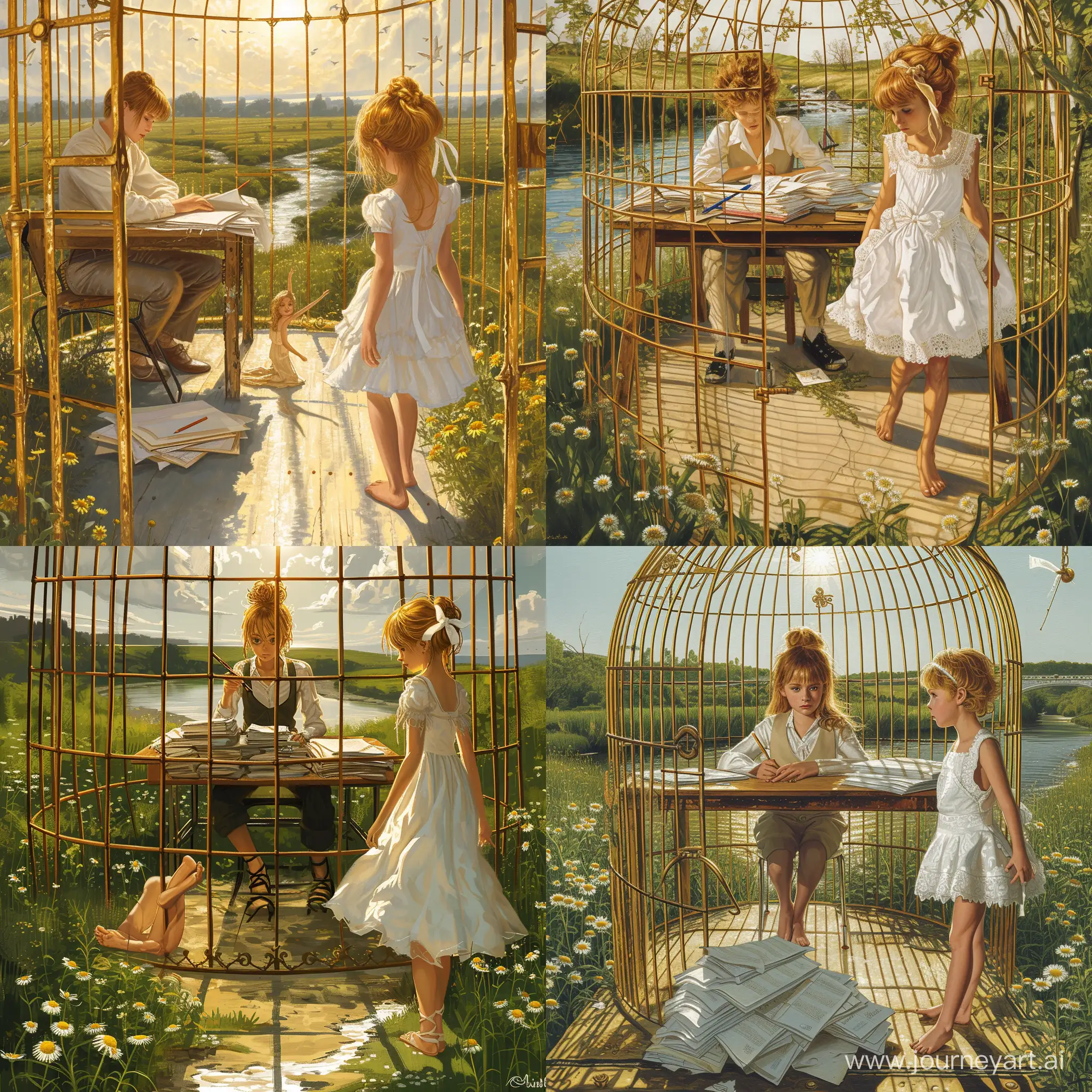 Golden-Cage-Scene-Two-Girls-Amidst-Nature-and-Work