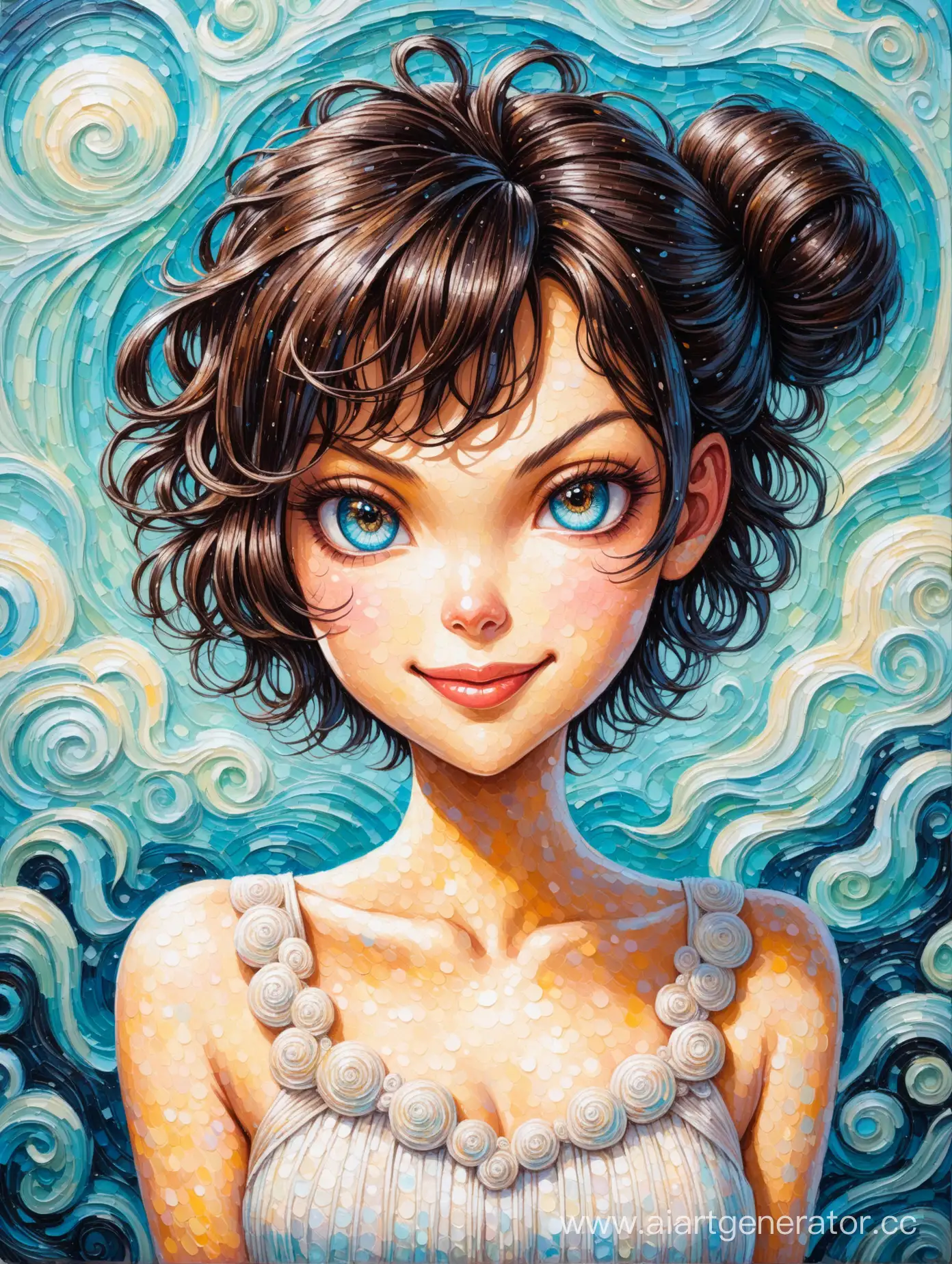 Oil painting with super texture Impasto, in the style of comics by Tim Burton (Mila Jovovich - smiling dreamy girl, expressive eyes, hair in a fancy bun, in a sundress, height 60%, intricate details), with texture Impasto, eccentric, surreal, super detailed, super clear and sharp, glossy. 