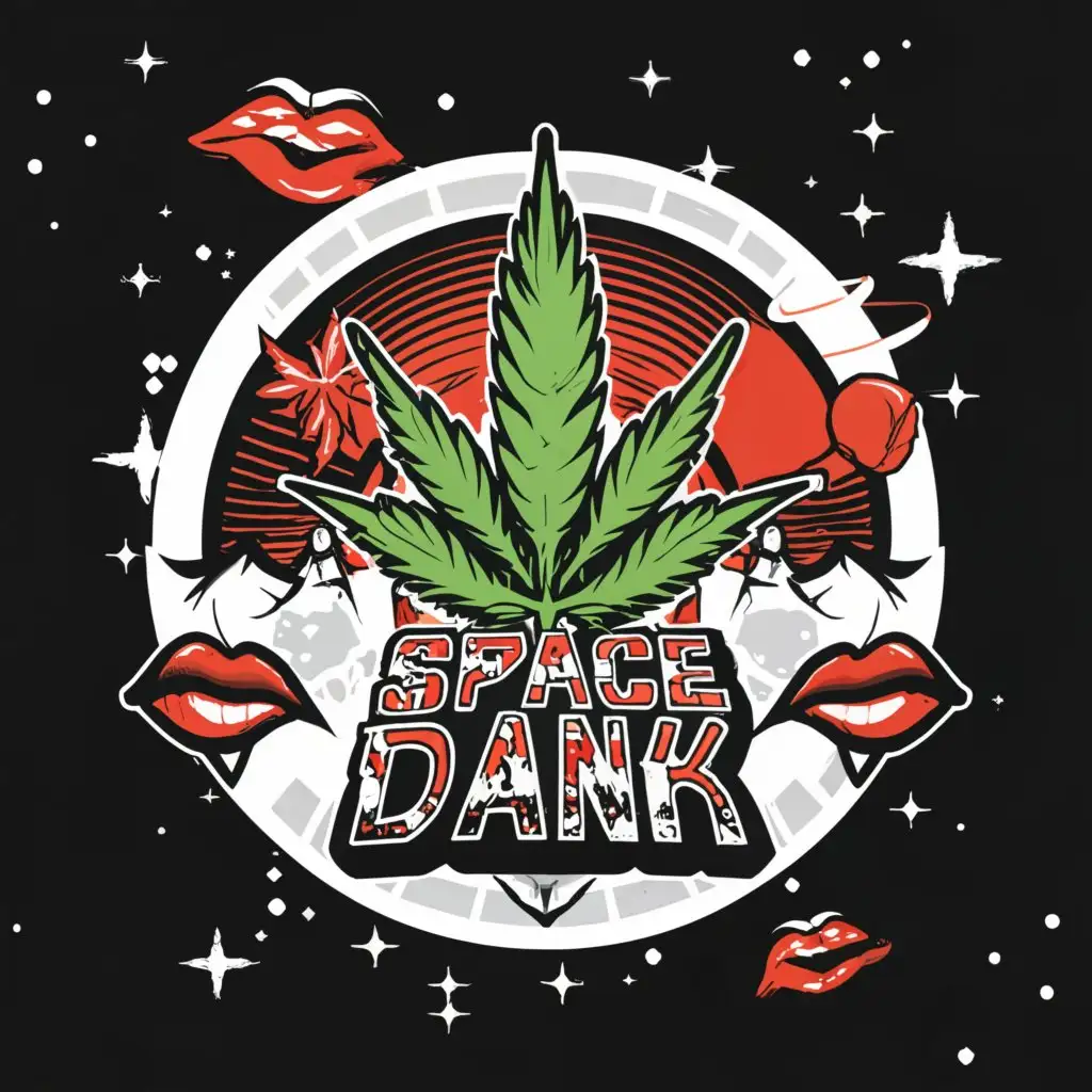 a logo design,with the text "Space dank", main symbol:Weed plant, space, red cartoon lips, cotton mouth,Moderate,clear background
