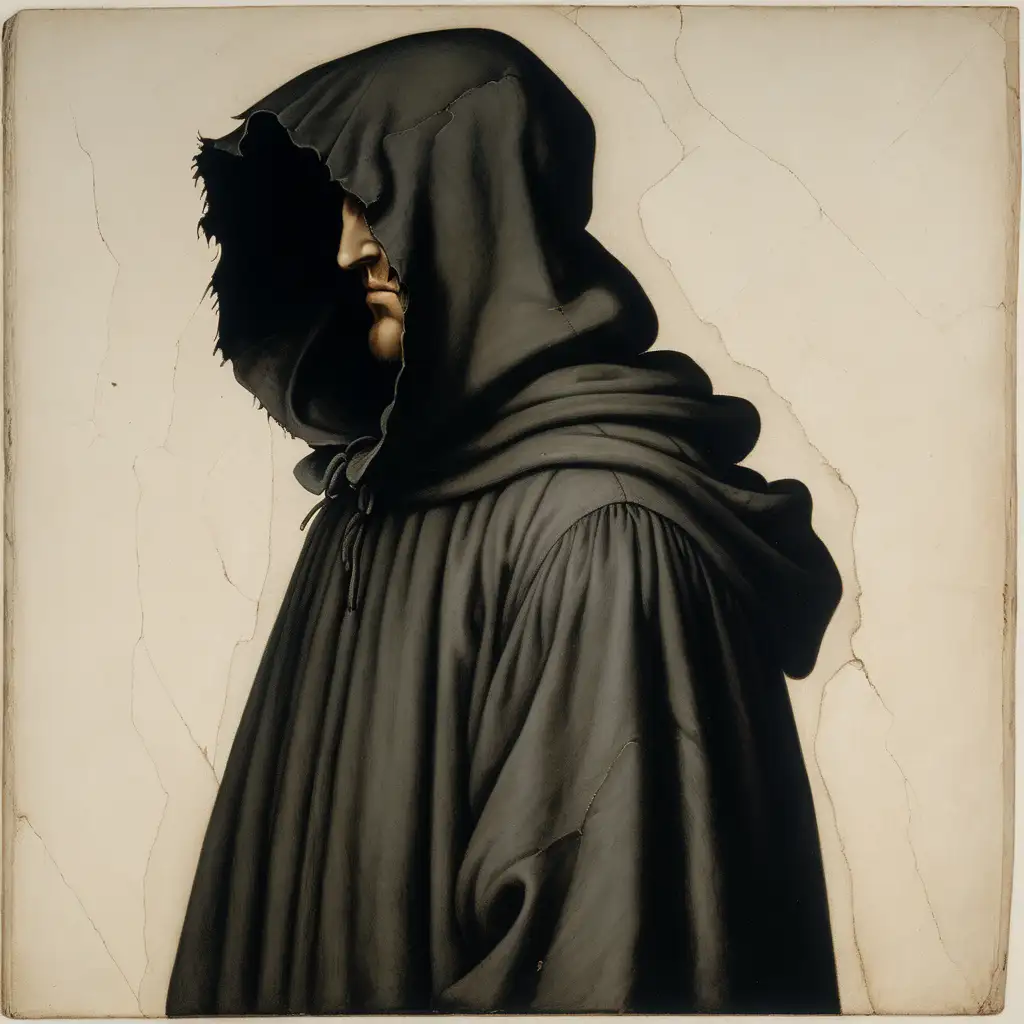 Man with no face, wearing hood and wearing all black torn robe, Facing forward, Renaissance 