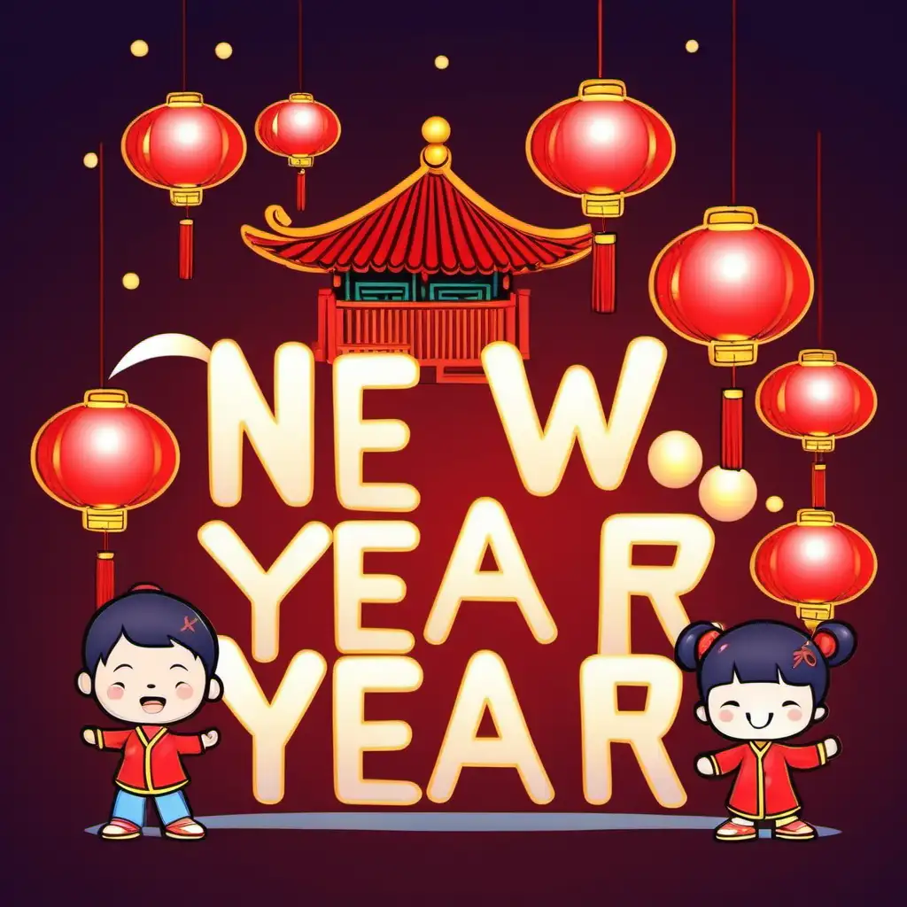 Vibrant Chinese New Year Lights in Whimsical Cartoon Style