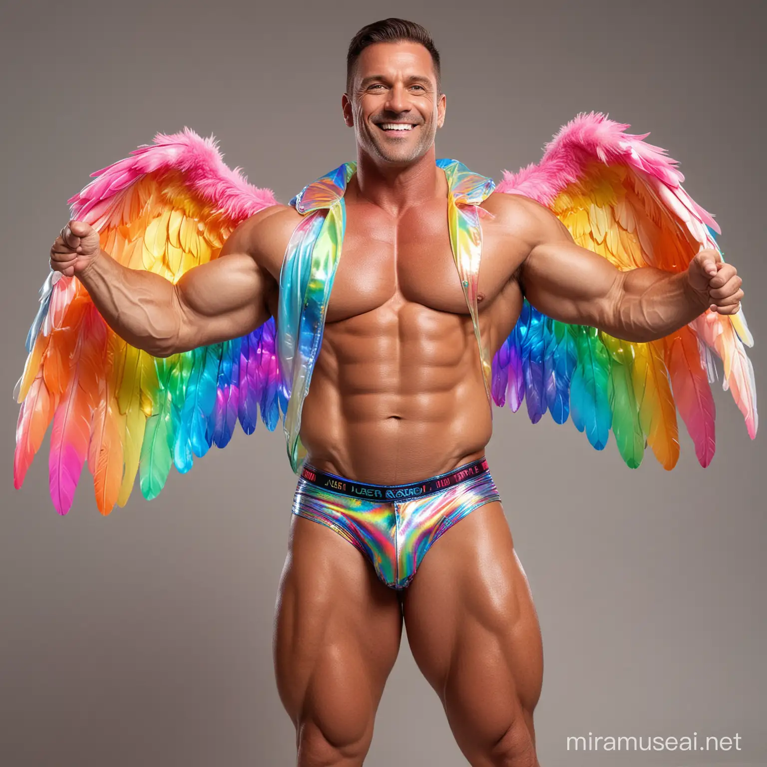 Full Body to feet Topless 40s Ultra Chunky IFBB Bodybuilder Daddy with Great Smile wearing Multi-Highlighter Bright Rainbow with white Coloured See Through Eagle Wings Shoulder LED Jacket Short shorts left arm up Flexing