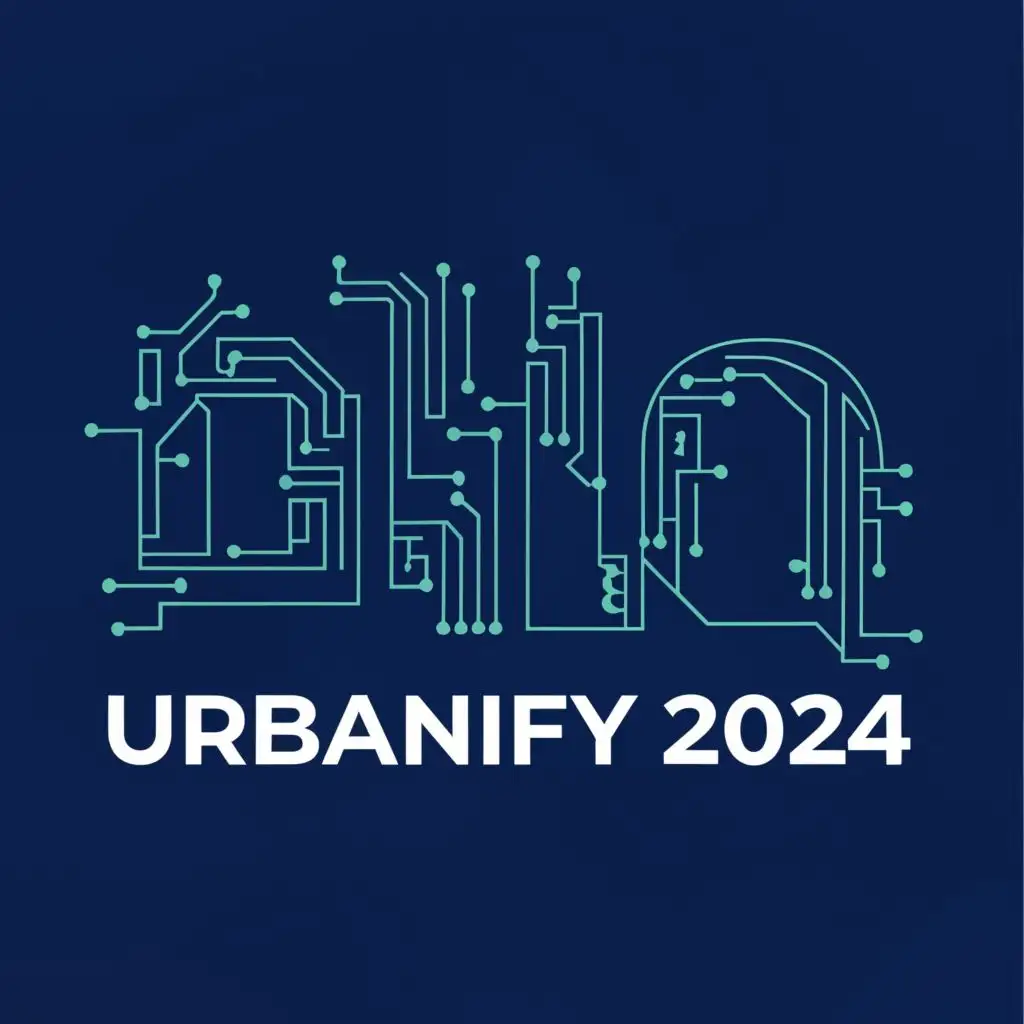 logo, on the left side layout of the city grid made from ethernet cables in blue and on the right side the name, with the text "Urbanify2024", typography, be used in Technology industry
