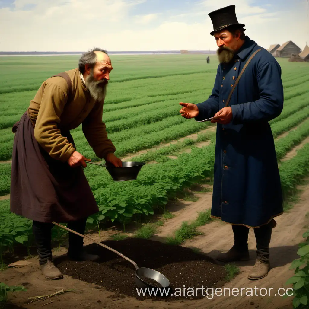 Помещик в 19 веке в России пытается объяснить крепостному крестьянину как удобрять землю