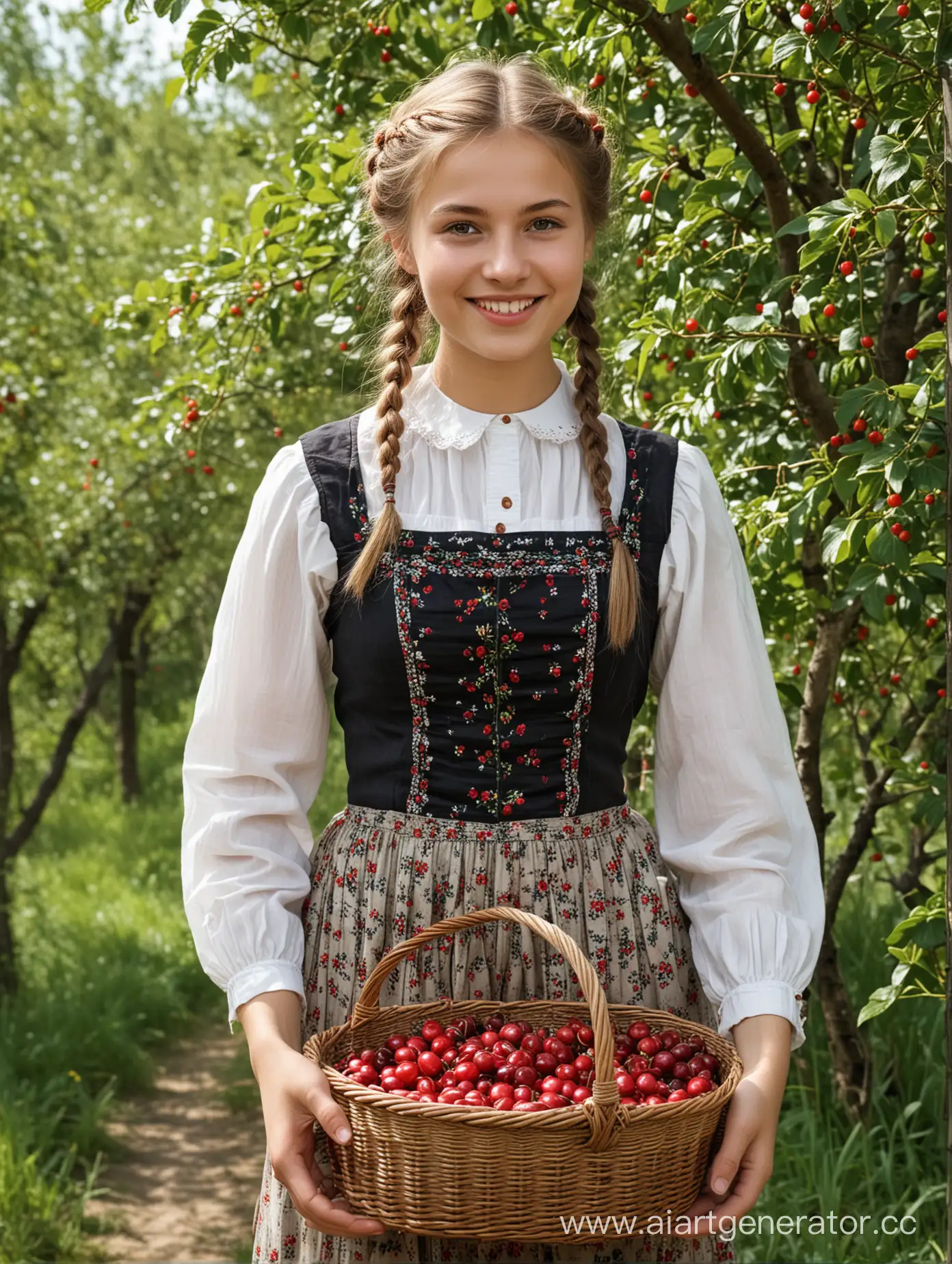 Russian-Peasant-Girl-Picking-Cherries-in-a-Calico-Sarafan