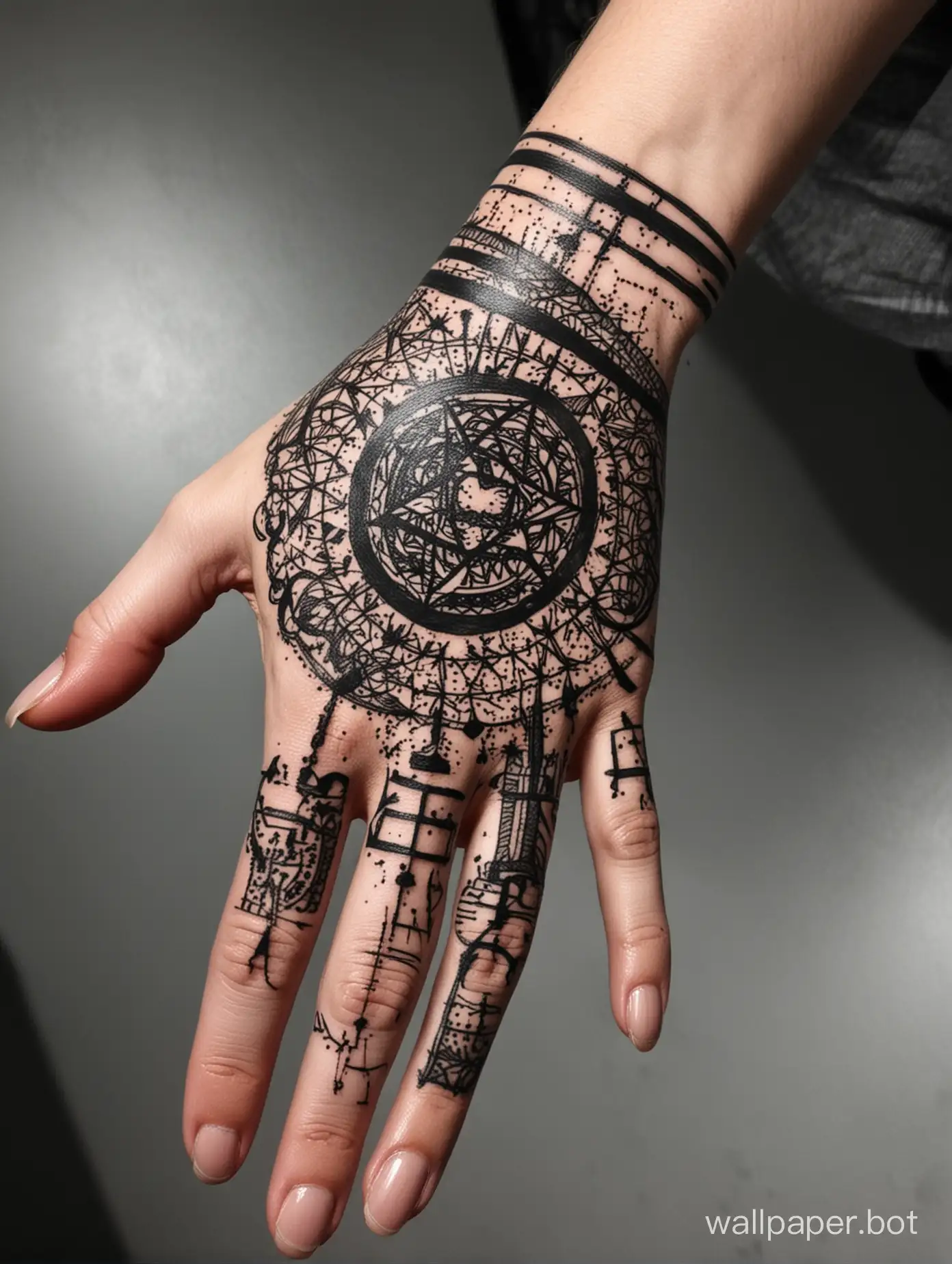 Tatto hand, blackwork tatto, chaotic lines, hard lines, lightining, beautiful