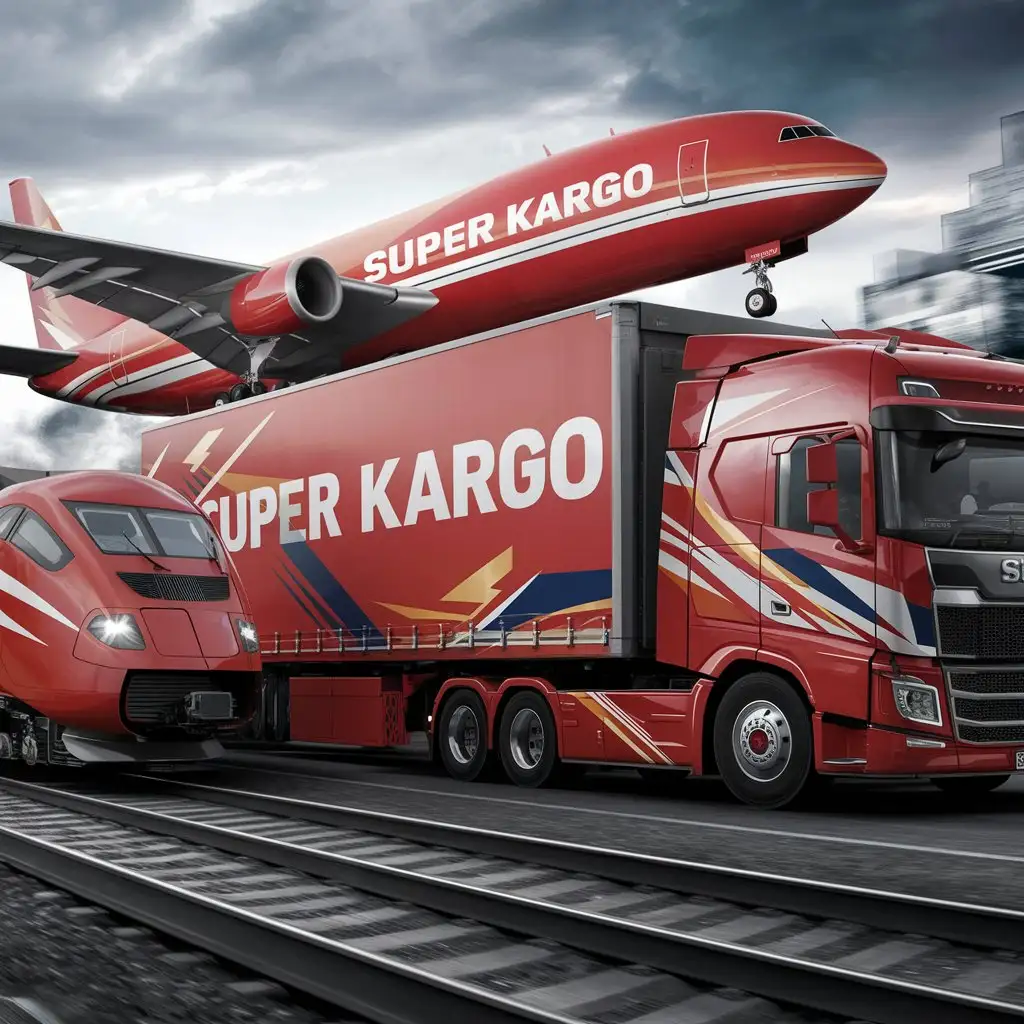 "SUPER KARGO" is written on the red Logistics plane, train and truck