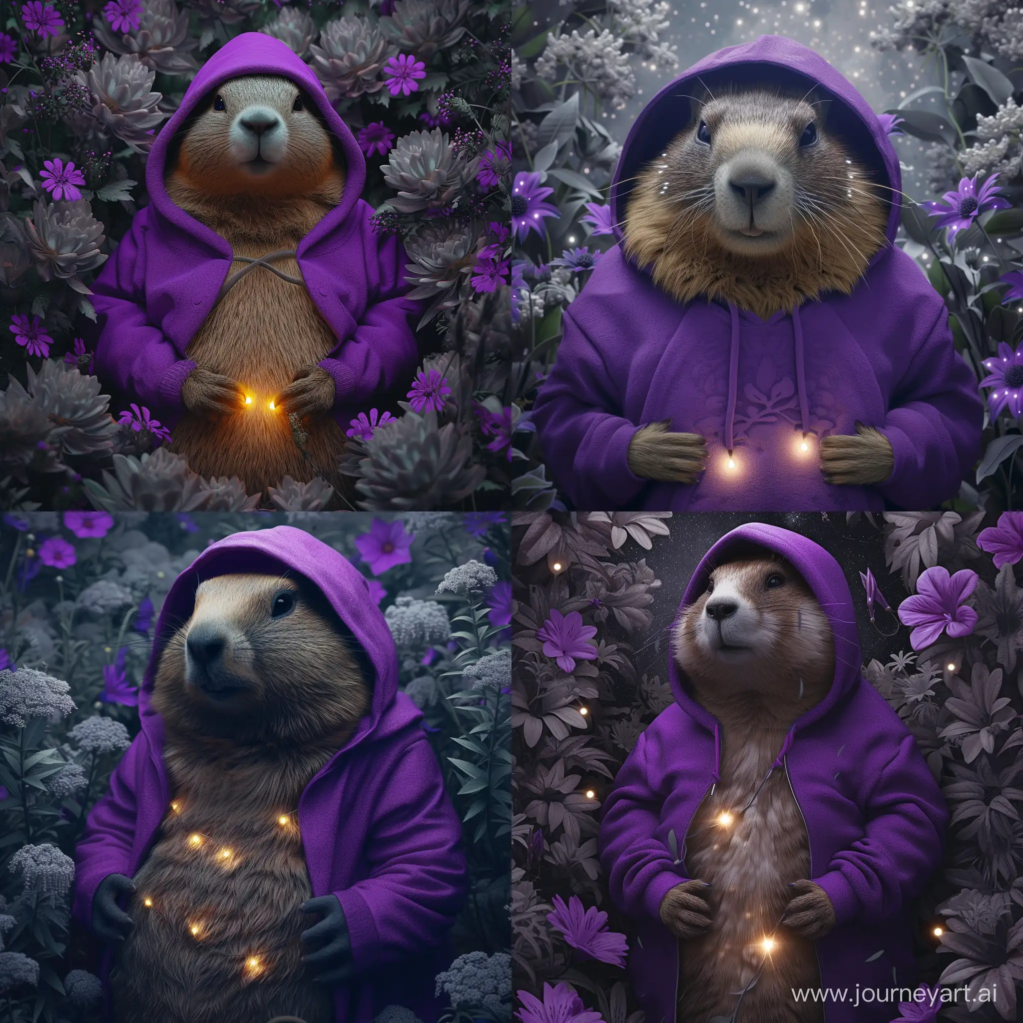 Fat himalayan marmot in purple hoodie, full body, lights on belly, jungle of grey and purple flowers, hyper realistic, cosmical night, high detailed --style raw