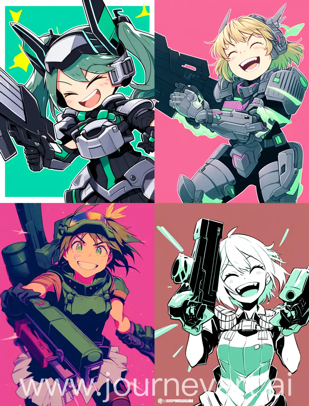 Laughing-Future-Warrior-Girl-with-Machine-Gun-on-Green-Background