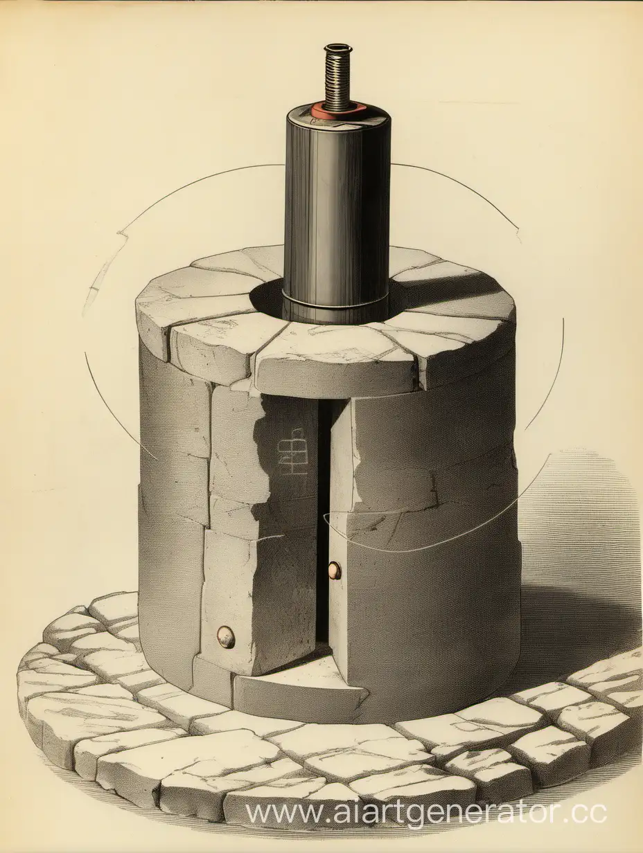 an ancient power source with two insulators on the bottom and two on top, with a circle on top in which there is a recess for a stone from which a ray of energy comes