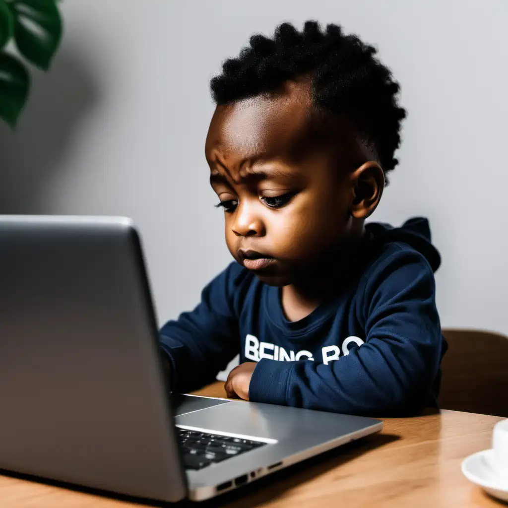 a 2 year old black boy working on his laptop and looking exhausted and tired. write a mindset caption that says "being a tech bro no easy"