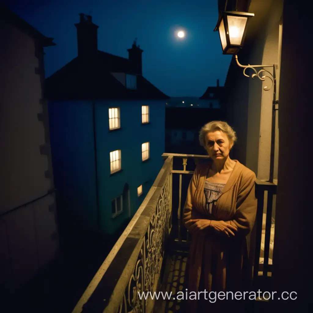 Rural-Evening-Serenity-Woman-on-Terrace-Overlooking-Charming-Night-Street