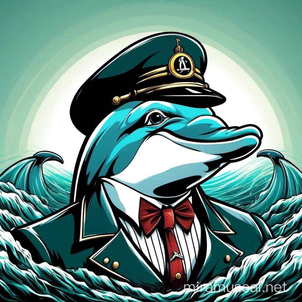 Mustachioed Dolphin Character in Vintage Nautical Themed Illustration