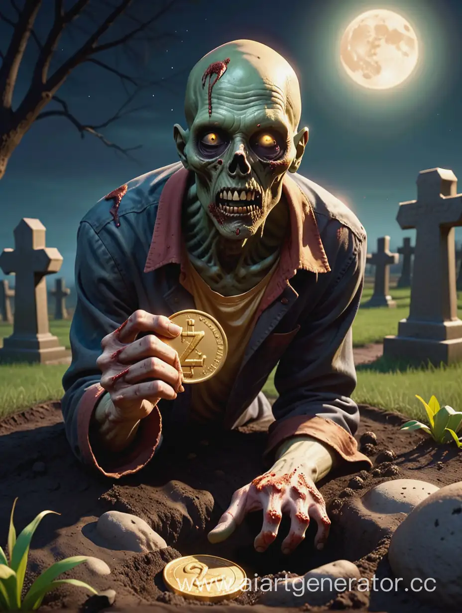 Eerie-Zombie-Emerges-Holding-Ancient-Gold-Coin-in-Evening-Darkness