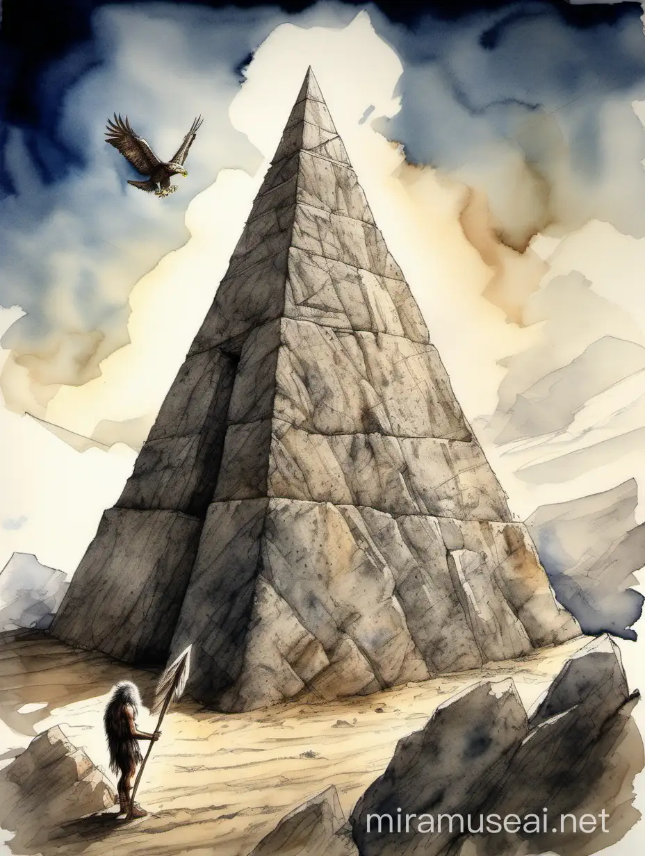 A prehistoric man dressed in fur and holding a spear looks at a roughly hewn pyramid-shaped stone about 8 feet high, backlight, an eagle in the sky, detailed charcoal, delicate watercolour and ink