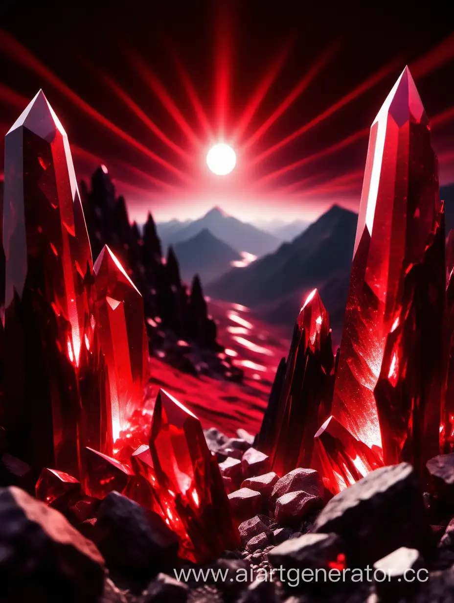 red crystals in air red light mountains dark shine natural gems 
