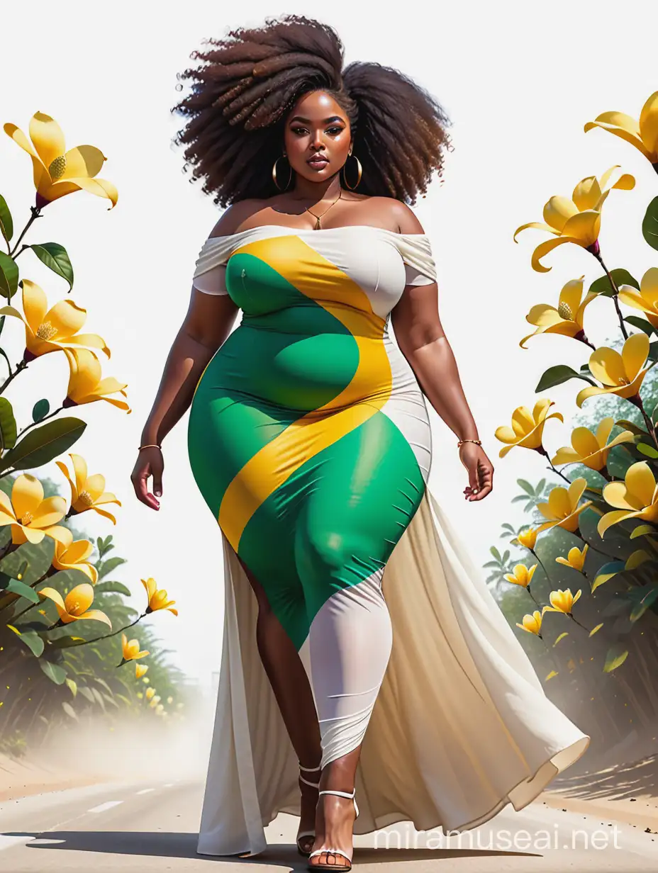 create an expressionism art image of an African plus size female walking gracefully with up to the knee heels and wearing an off-white maxi dress design with the Jamacia flag with tons of magnolia flowers following her trail while she walk. Prominent makeup and hazel eyes. Highly detailed a very large colorful ombre afro with tons of green, black and yellow flowers. 
