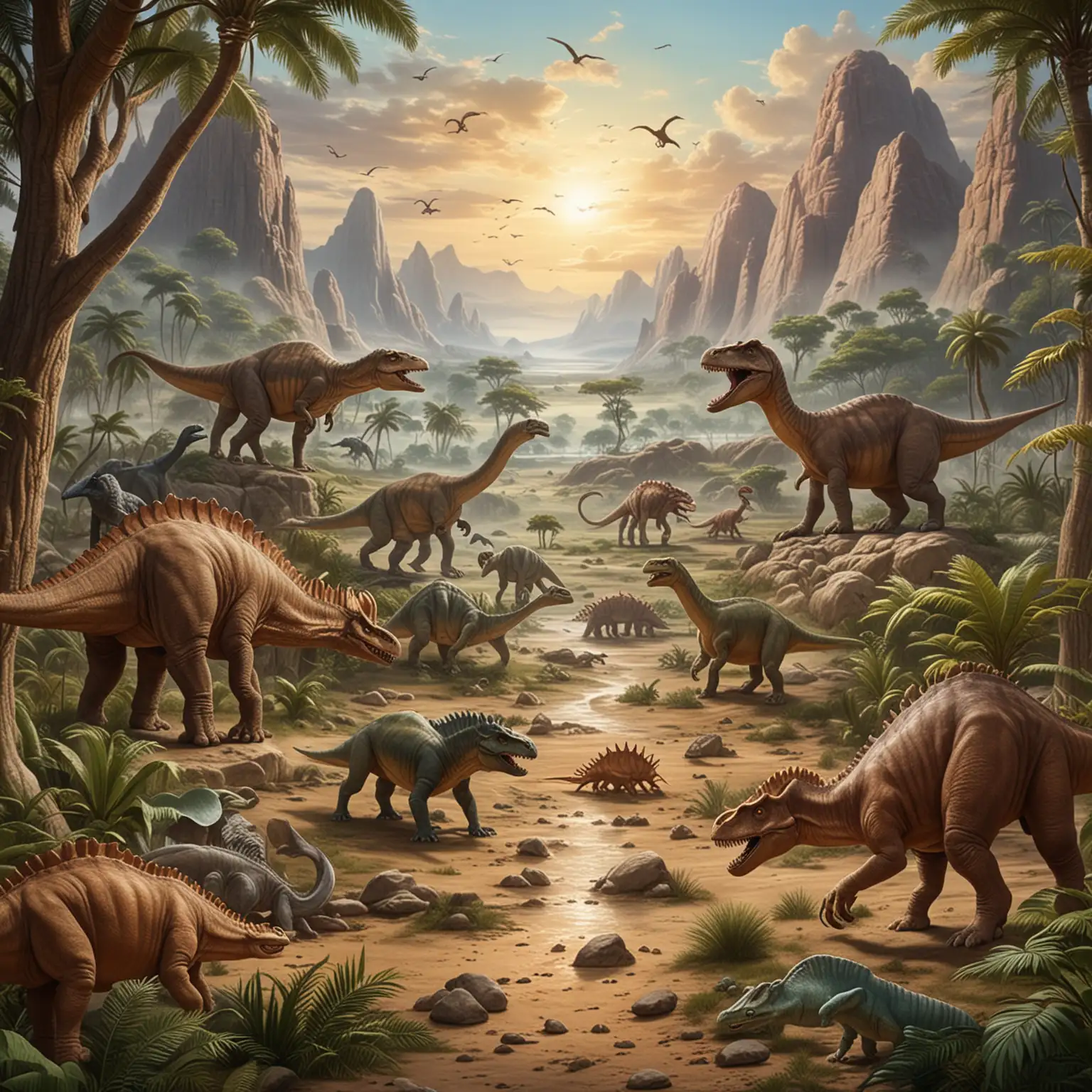 prehistoric setting with various dinosaurs