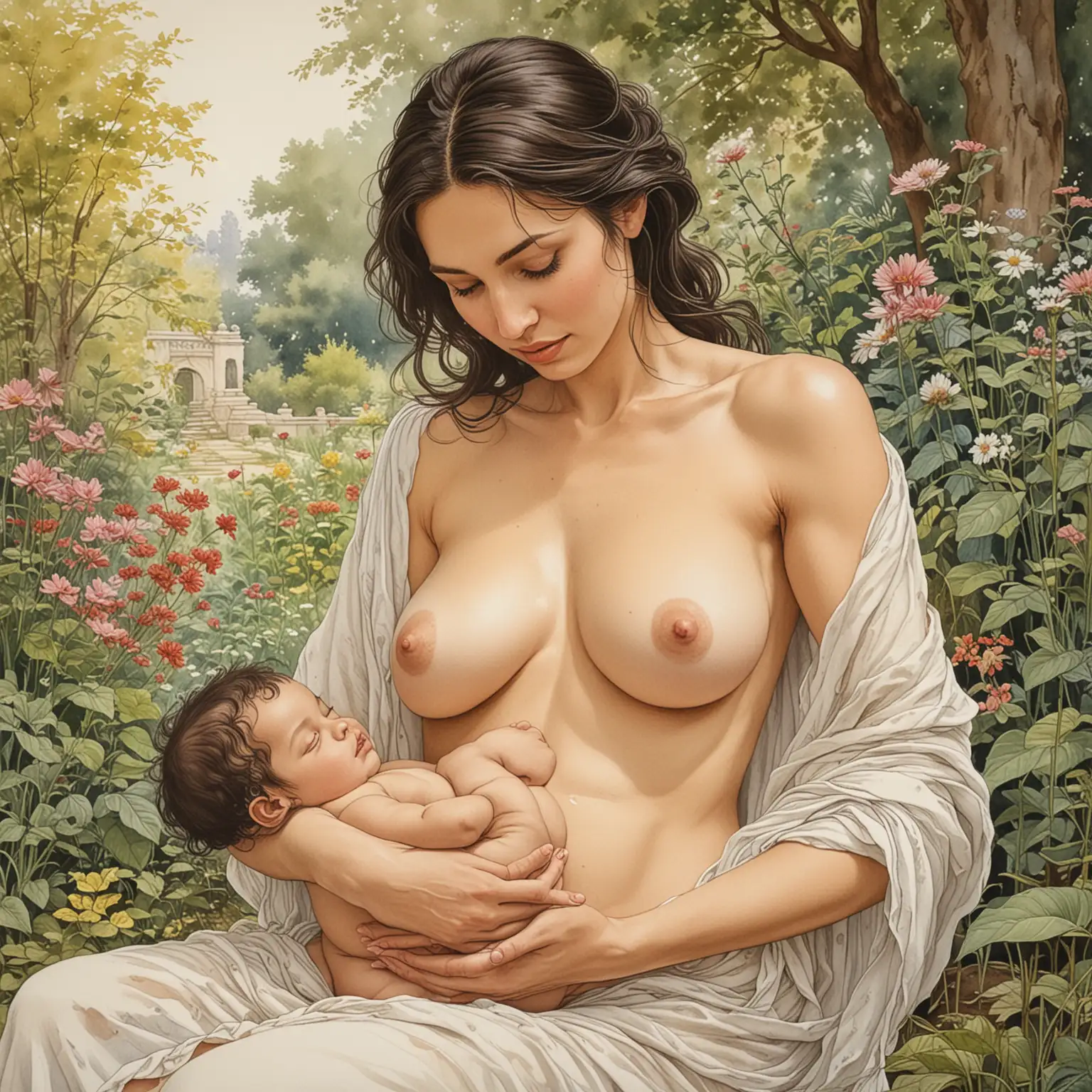 Sacred Motherhood Woman Breastfeeding Child in Halos and Draperies