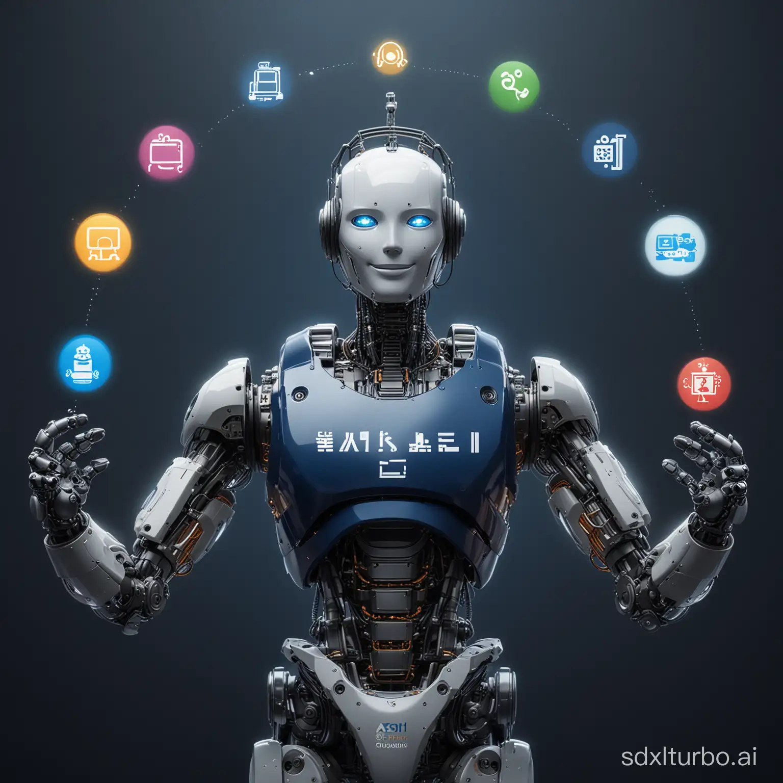 create image of an environment with dark navy blue background, where a front facing half bust smiling robot with the word "AI" in the middle of its chest is giving a helping hand out to the viewer. The robot is having a "Halo ring" behind its head showing logos of six most famous large Language Model AI products like, ChatGPT, Perlexity, Dall-E, Midjourney, Googl Gemini, Krutrim AI.