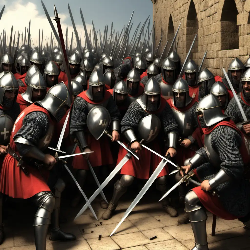 Crusaders sharpening their swords 