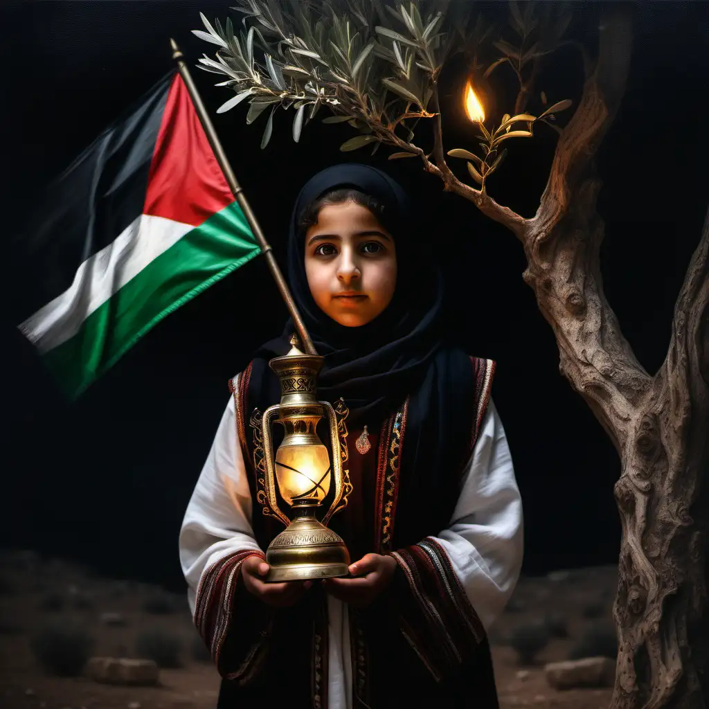 Palestinian Girl with Ancient Lamp and Flag Olive Tree Scene in Traditional Attire