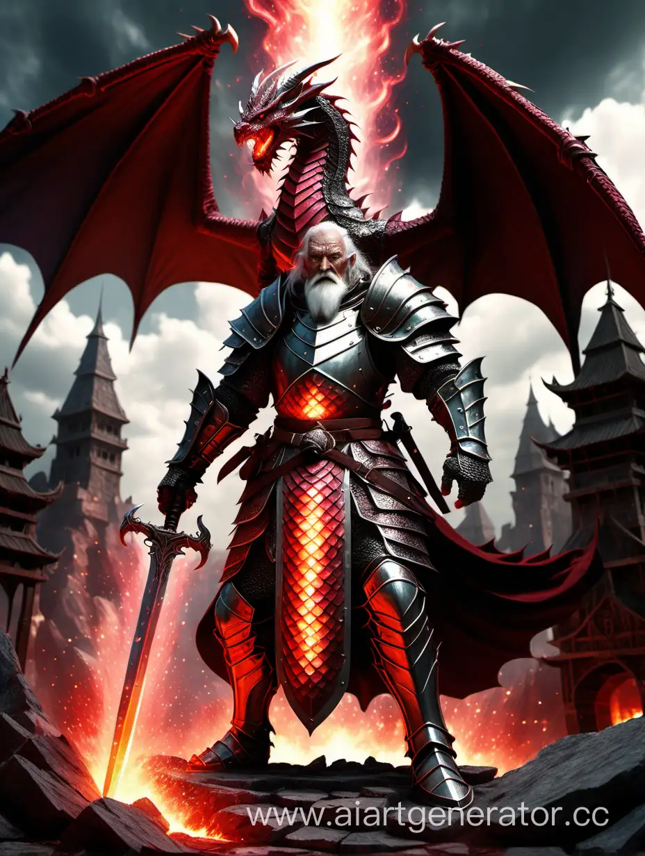 DragonScale-Armored-Blacksmith-Forging-a-Fiery-Sword-under-DragonFilled-Skies