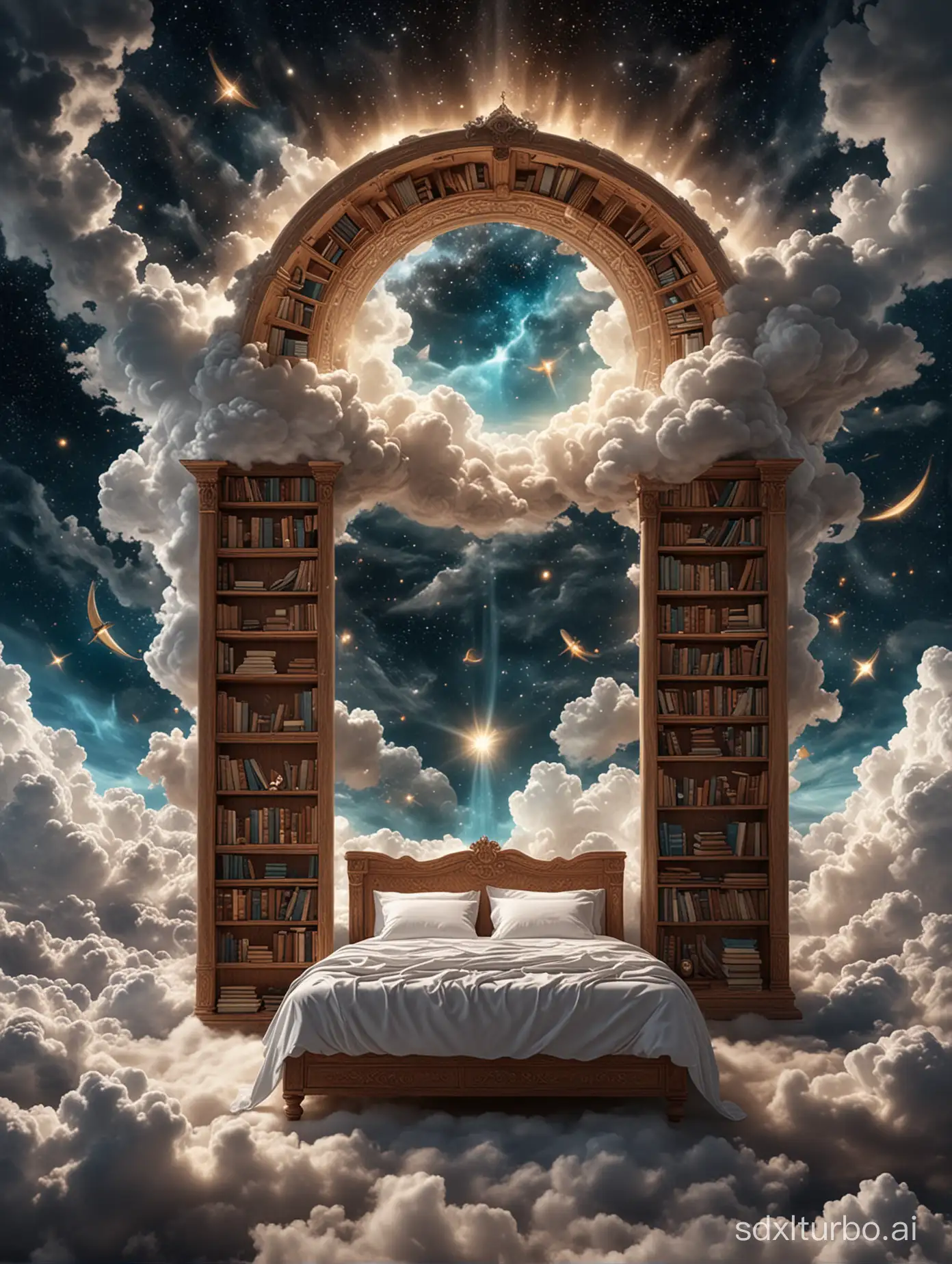 Create a dreamlike scene of a celestial bed hidden within the clouds, where towering bookshelves stretch endlessly into the heavens, filled with volumes of knowledge from across time and space, guarded by wise celestial beings.
