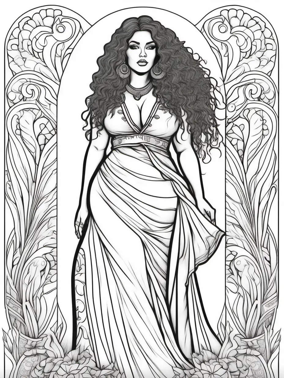 create a tall coloring page of a dark glamorous curvy bohemian woman, black outlines, no shades, no shading, no grayscale