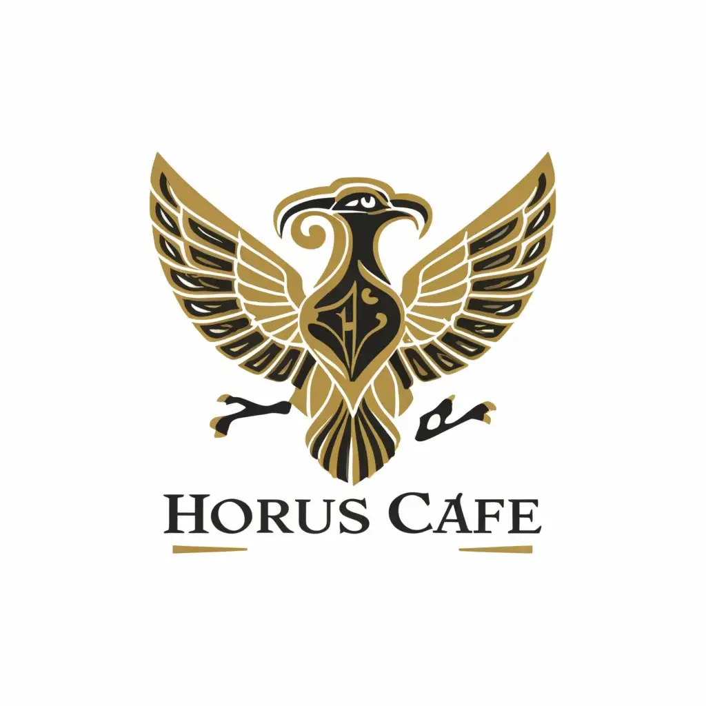 a logo design,with the text "HORUS CAFE", main symbol:The logo should feature a stylized falcon or Horus symbol, representing power and protection.
Use a color palette of gold, black, and turquoise to convey elegance and mystique.
Incorporate Egyptian motifs like hieroglyphs or lotus flowers for authenticity.
A golden falcon silhouette with outstretched wings, framed by intricate Egyptian patterns in black and turquoise.
Or The cafe's name, "Horus Cafe," elegantly integrated with the logo in a serif font with Egyptian-style embellishments.,Minimalistic,be used in Restaurant industry,clear background