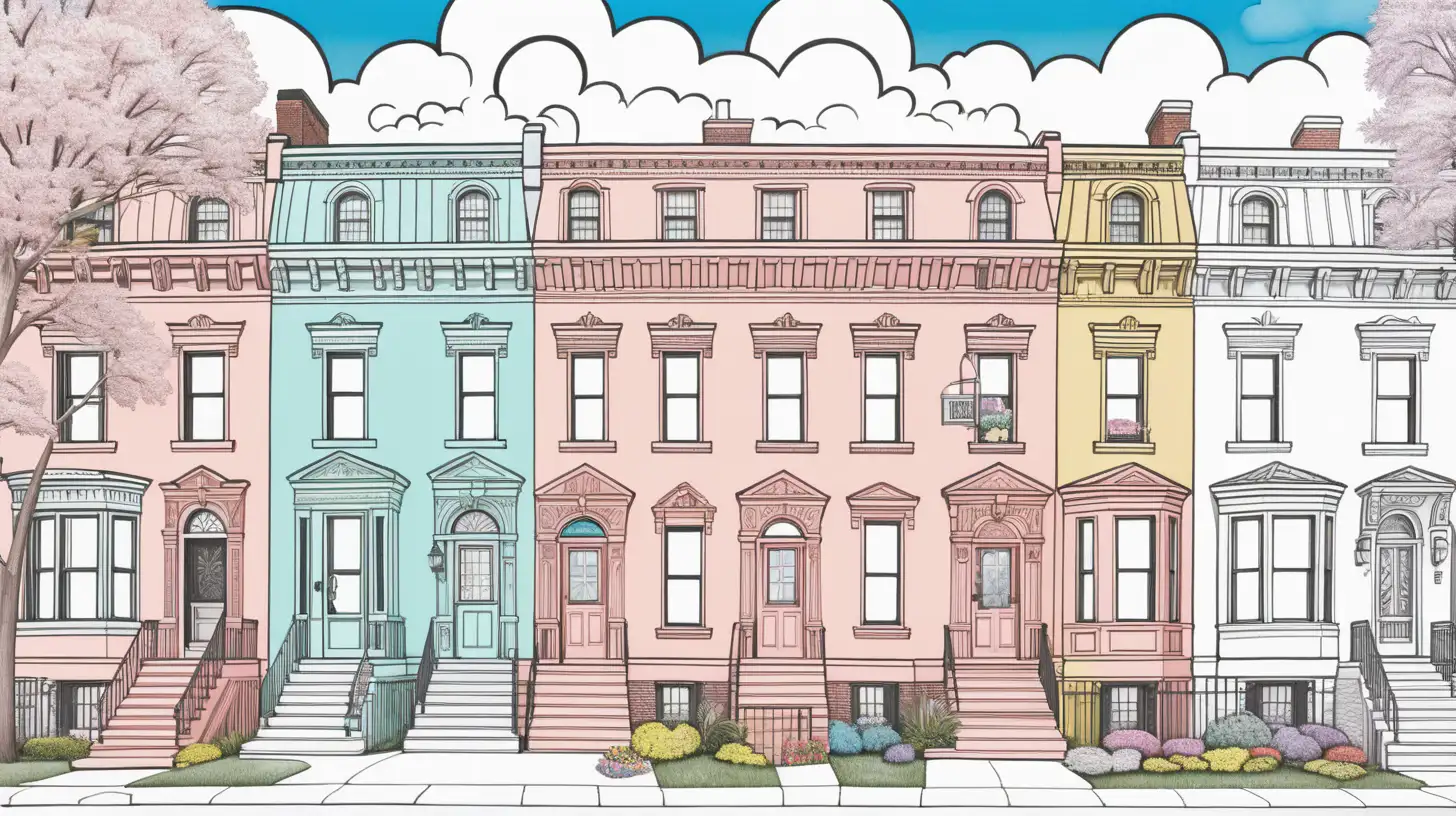 PastelColored NYC Brownstone Coloring Book Cover with Whimsical Sky