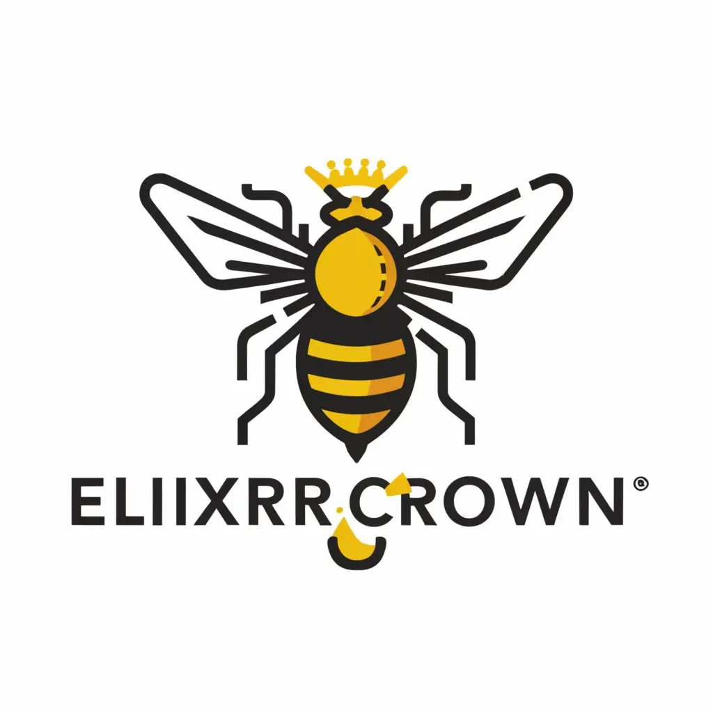 a logo design,with the text "ElixirCrown", main symbol:a stylized bee wearing a crown or a bee hovering over a potion bottle to symbolize the combination of royalty and elixirs,Moderate,clear background
