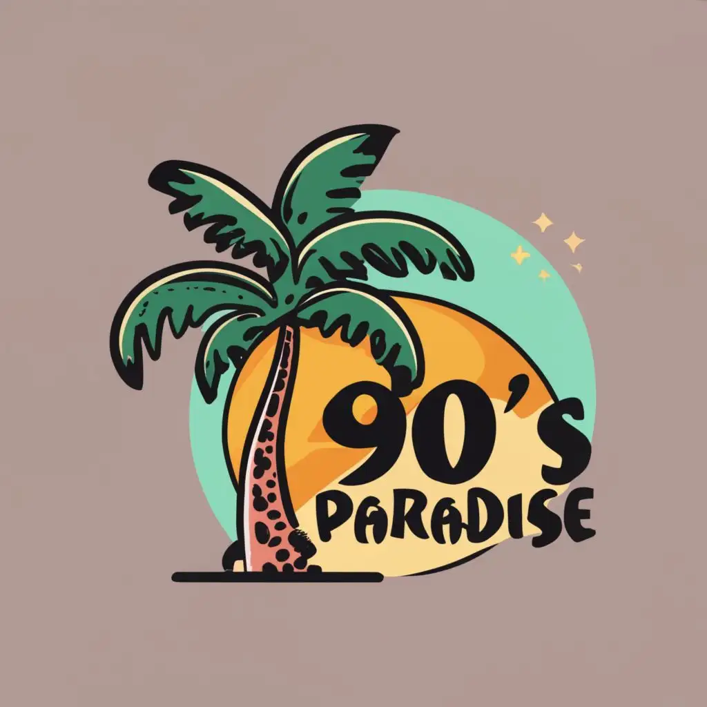 Palmtree, with the text "90's Paradise", typography, be used in Events industry