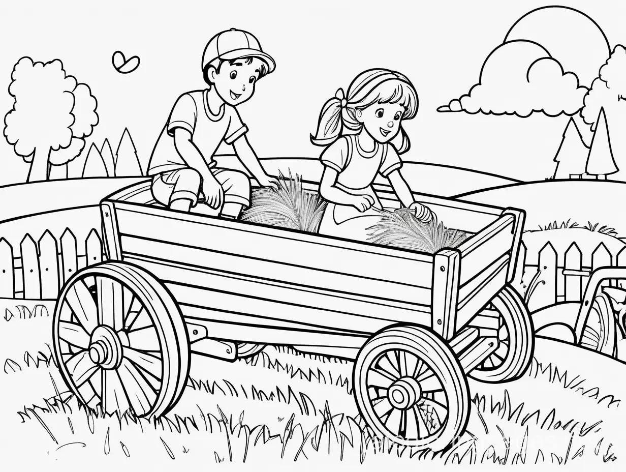 a boy pushes a girl in a hay wagon, Coloring Page, black and white, line art, white background, Simplicity, Ample White Space. The background of the coloring page is plain white to make it easy for young children to color within the lines. The outlines of all the subjects are easy to distinguish, making it simple for kids to color without too much difficulty