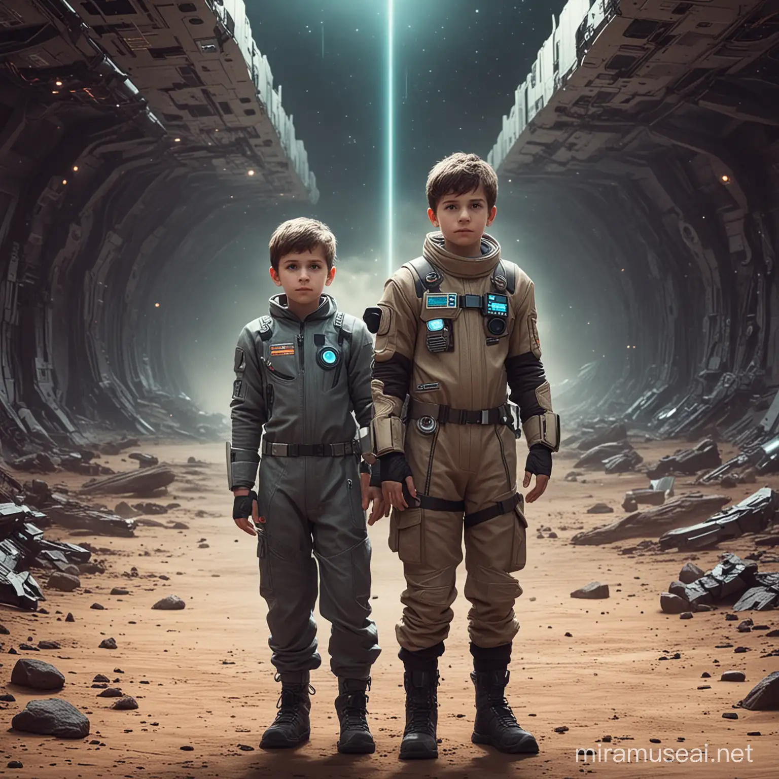 Young Boys Exploring Futuristic Space Station