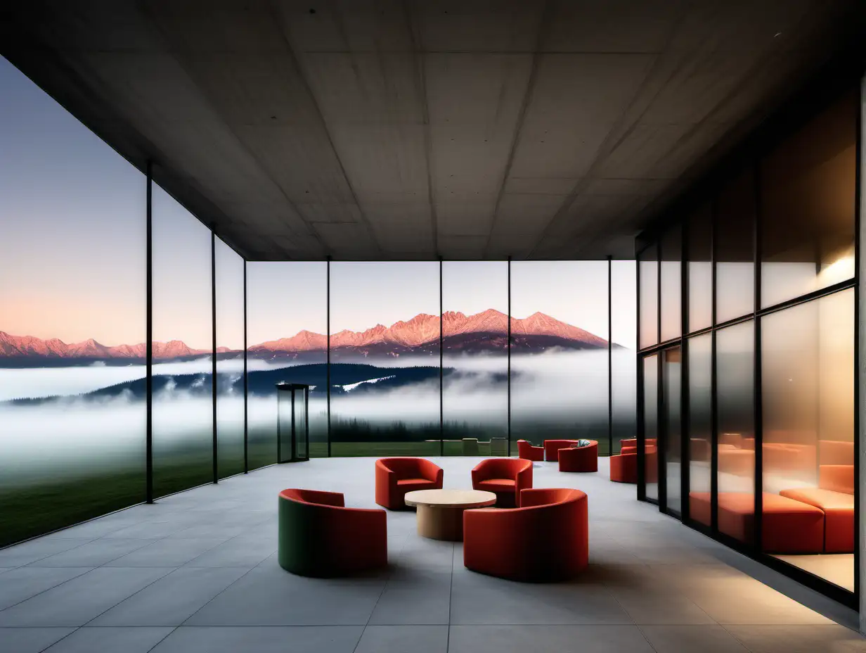 Natural Fog Hotel Lobby Event with Terrace View of Lomnica Peak at Sunrise