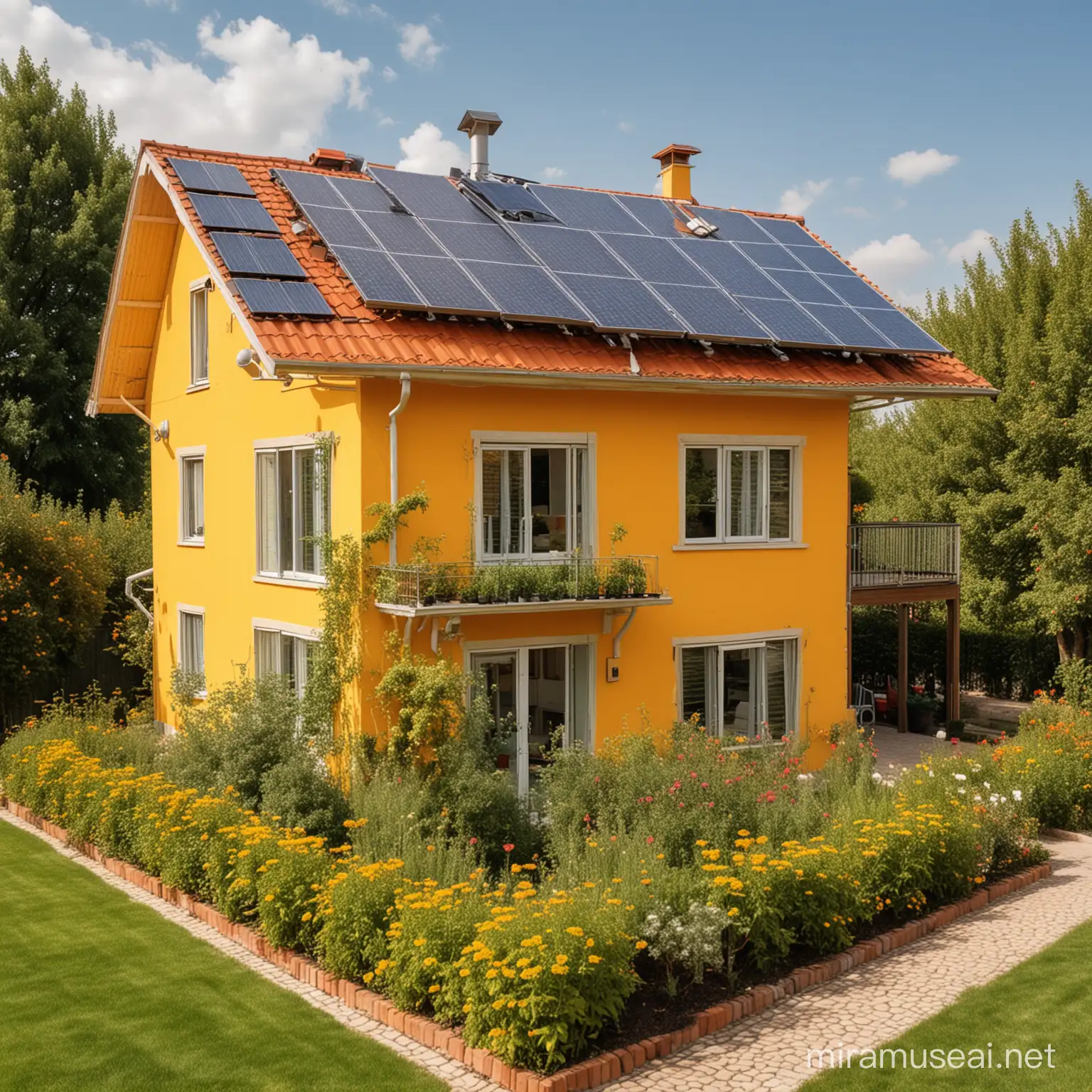 casa com paredes amarelas puxadas para o alaranjado, um jardim bonito e com painel solar no telhado 
