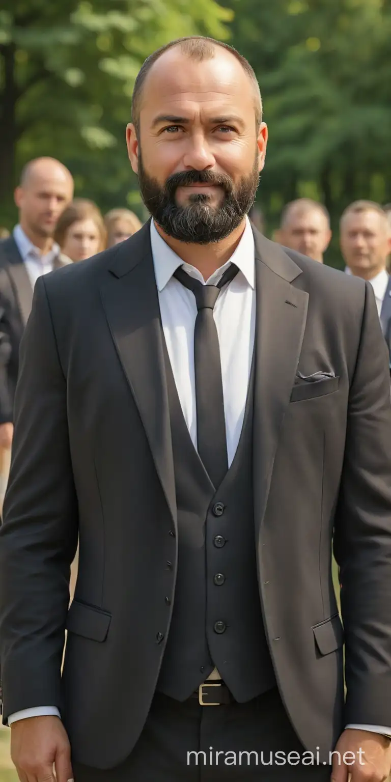 realistic photo of 44+ years old Eastern European, short, stocky, daddy type, slightly overweight, male trucker, very handsome and extremely attractive, friendly face, symmetrical handsome face, charismatic and charming, slowly balding, lives in Finland, perfectly groomed gorgeous extremely thick deep black  full beard, dense black eyebrows, realistic eyes, wearing stylish perfectly fit formal dark expensive wedding suit, in the park of the consecration church, make more photo realistic, bright natural light, perfect exposure, 8K professional Nikon camera, sunny summer day, masterpiece, best professional photo, insane details, realistic body part proportions, relaxed photo session, charming grin, satisfied with his life, official professional wedding photo