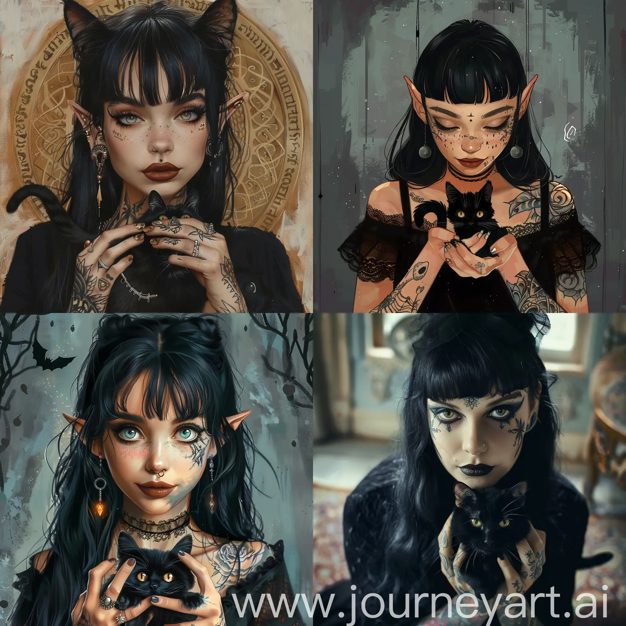 Девуша ведьма с чёрными волосами с тату и с чёрной кошкой в руках