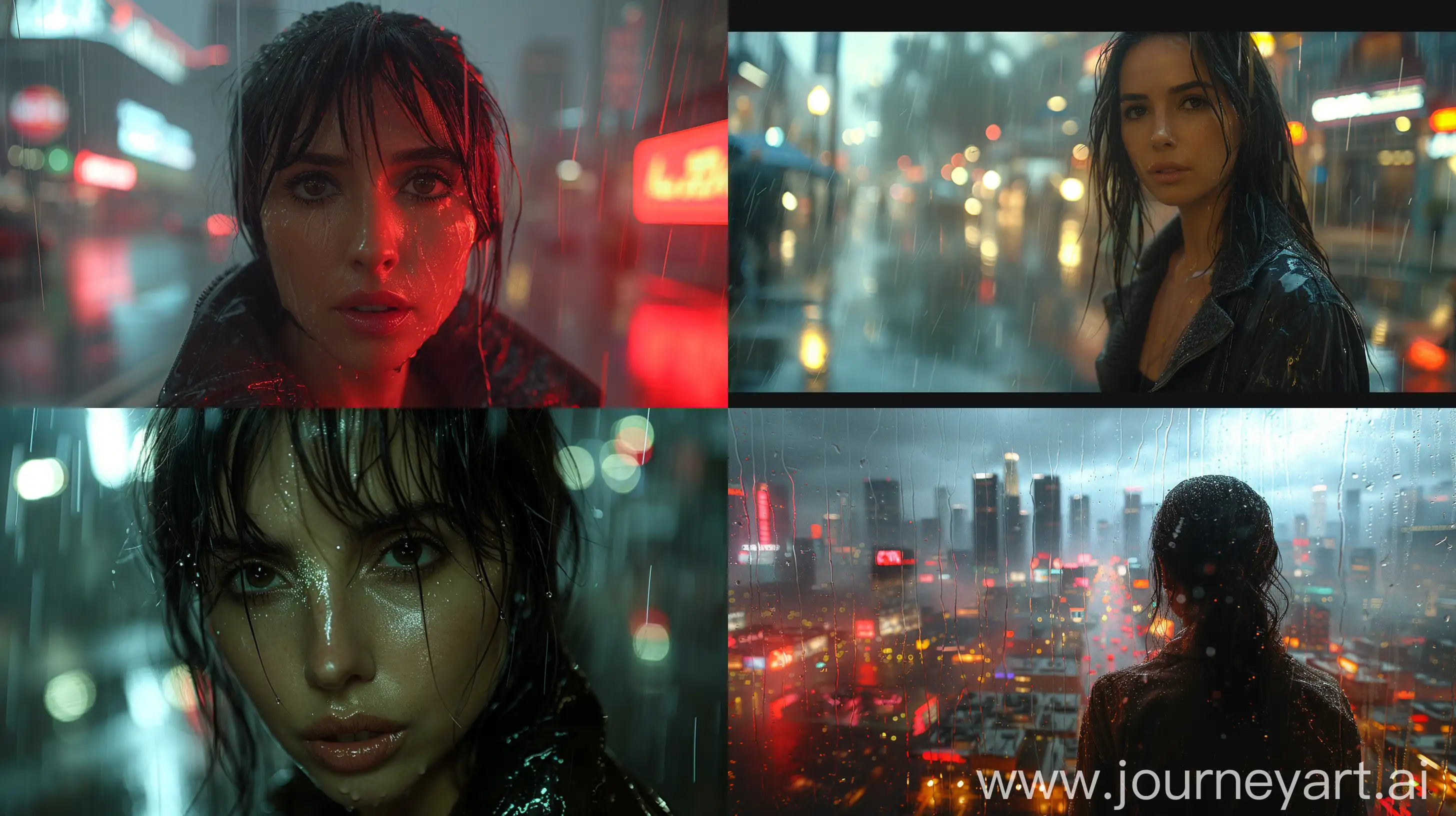  Ana de Armas as Joi from Blade Runner 2049, cyberpunk aesthetic, neon-soaked rain-soaked streets, reflective surfaces, holographic effects, high-tech fashion, moody atmosphere, night scene, Los Angeles skyline, futuristic --ar 16:9 --s 700 --v 6