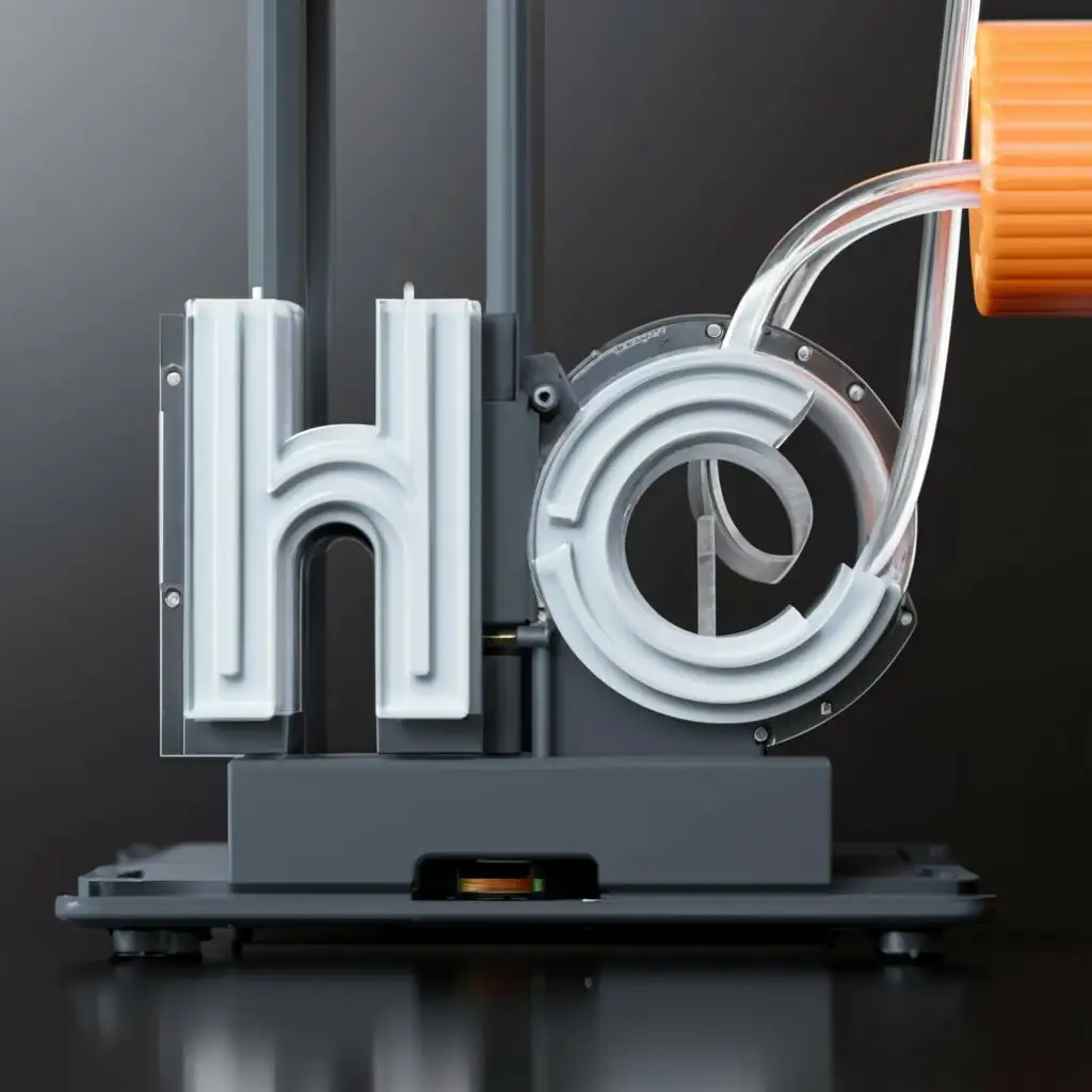 a logo design,with the text "Hugo White", main symbol:Close-up of a 3D printer nozzle extruding filament, forming my logo on the built plate,Moderate,clear background