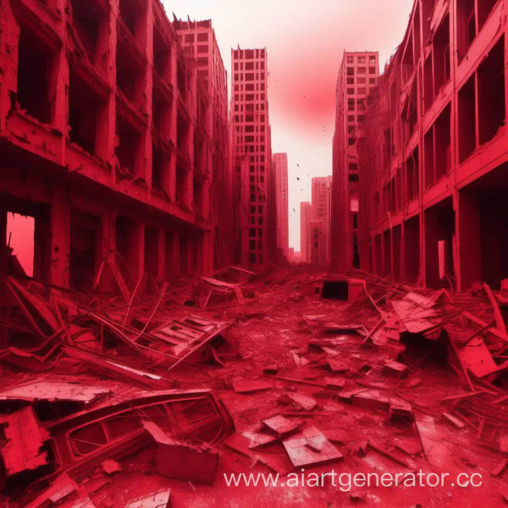 Разрушенный город в красных тонах 