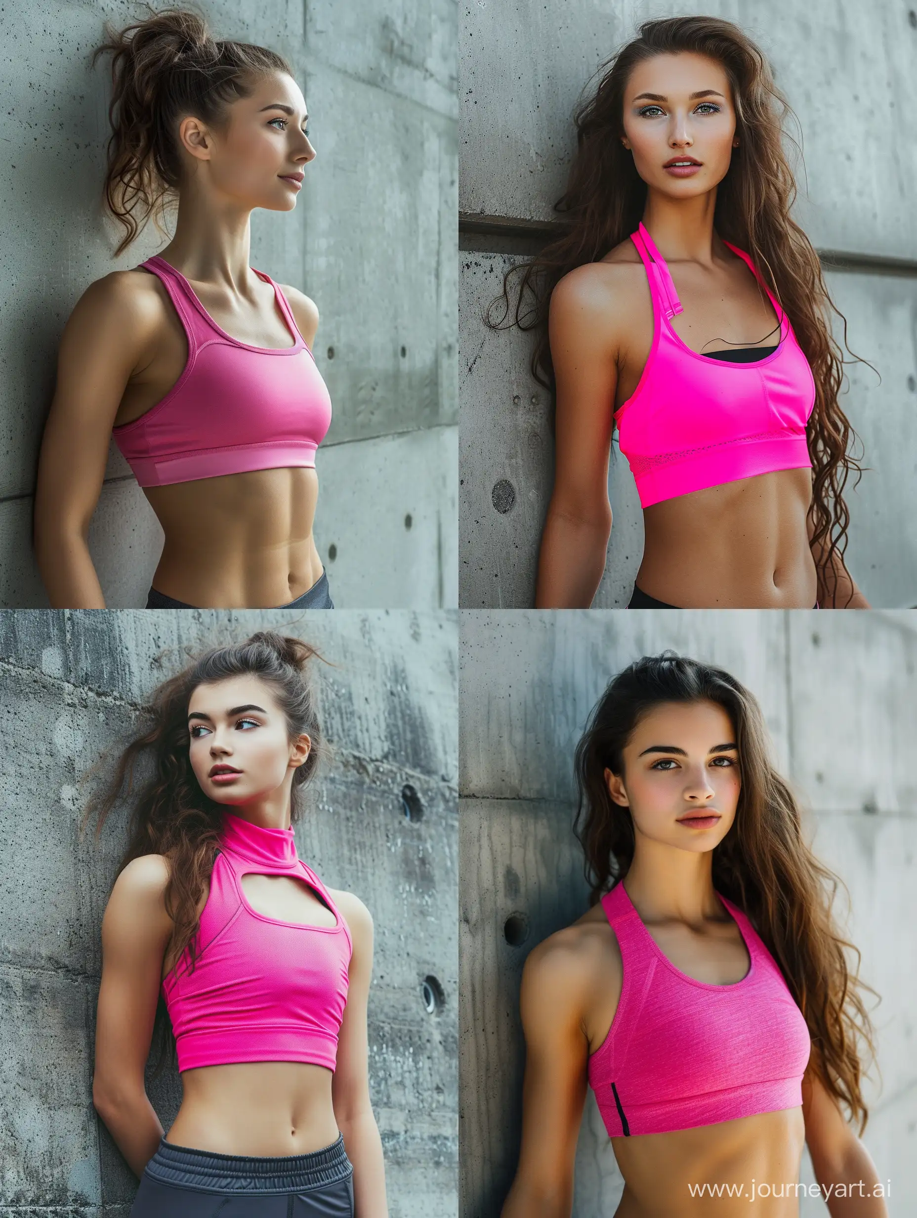 Athletic girl in a pink top with a beautiful body near a concrete wall