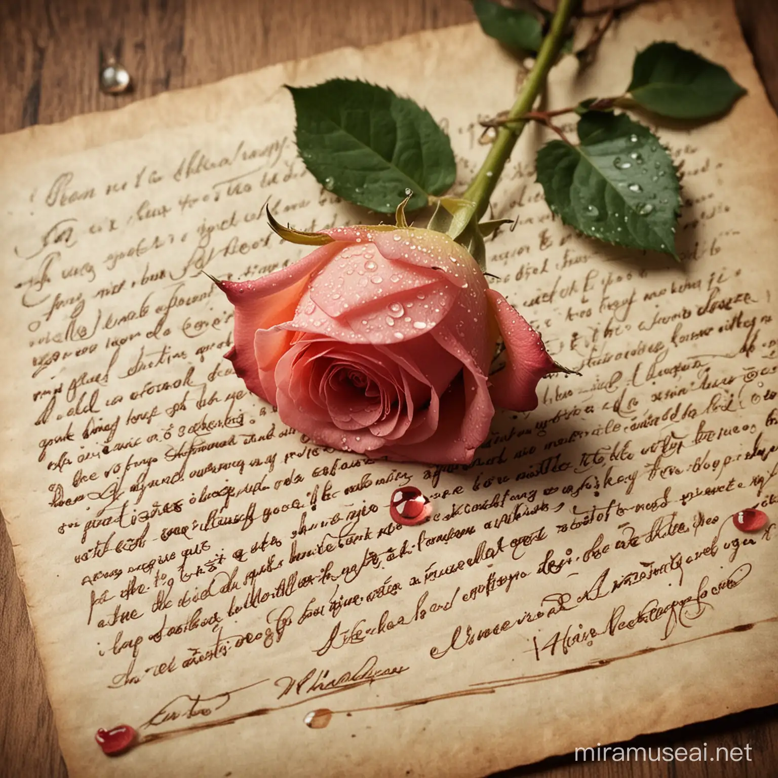 Old days letter, written by a writer to her beloved with a rose and water drops on the letter.
