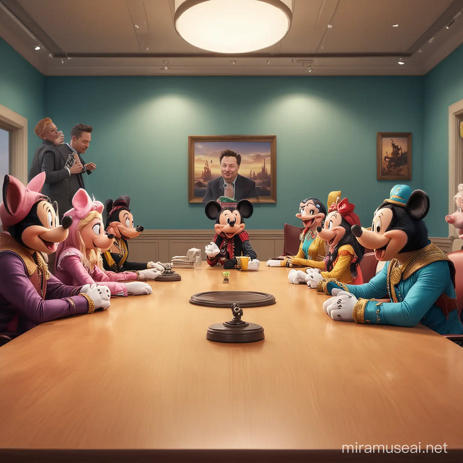elon musk in a board room with mickey mouse, elsa, piglet, aladdin, goofy and ariel having a meeting, realistic, office, vibrant colors, ultra realistic, photo realistic