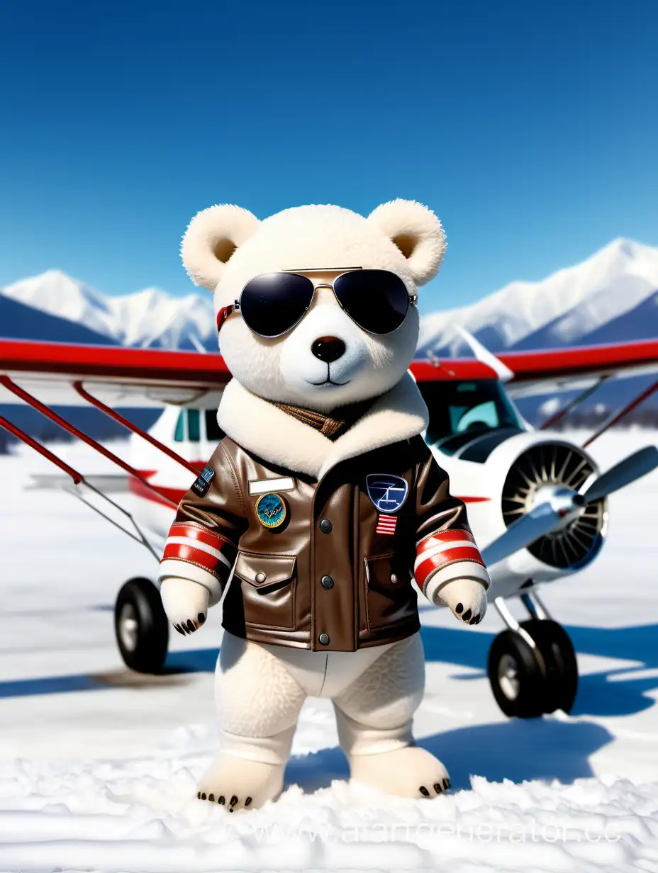 Adorable-Polar-Bear-Pilot-with-Cessna-172-on-Snowy-Mountain-Airstrip