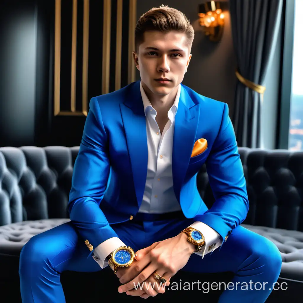 Макс Максбетов самый богатый криптоинсвестер  в мире, полное телосложение, синий дорогой костюм, несколько очень дорогиз часов на руке, шикарная дорогая прическа